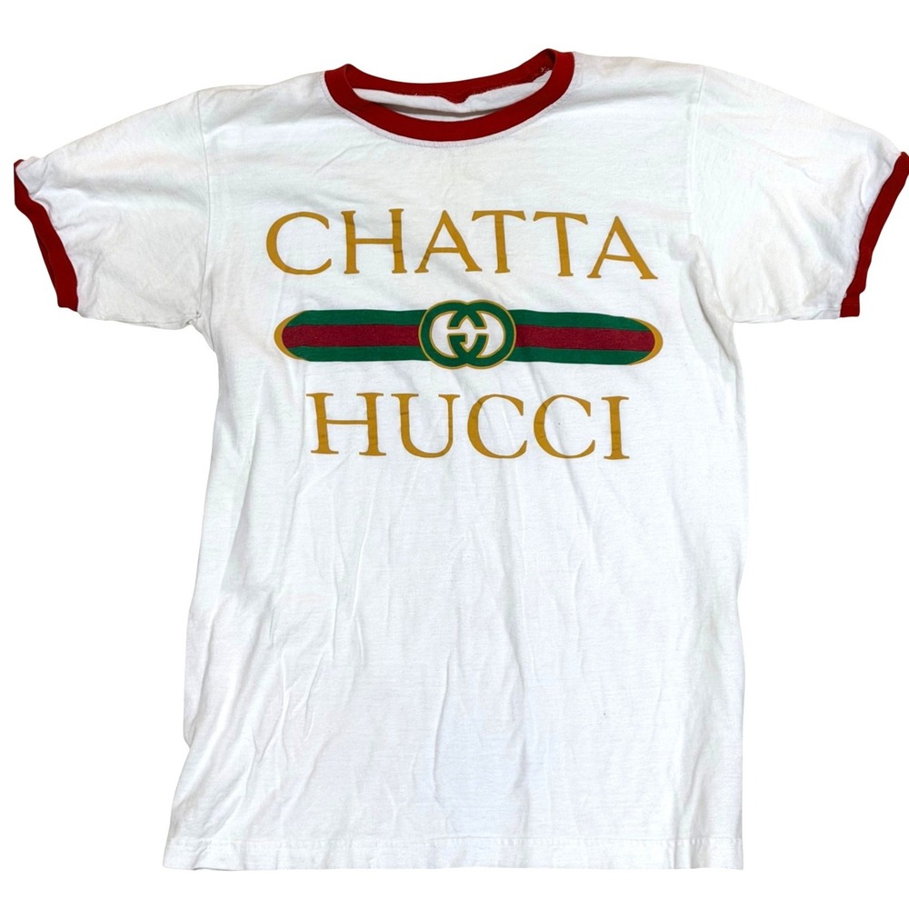 Vinyl Ranch Chatta Hucci Ringer Tee Unisex Small White Red Cotton Graphic Parody